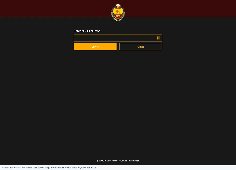 The NBI online verification page with a field to enter the NBI ID number and an Open Scanner button for the QR code