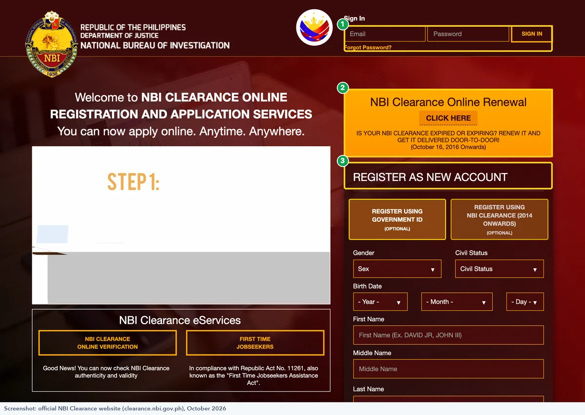 Official NBI Clearance website homepage with the sign-in box, online renewal banner and registration section highlighted