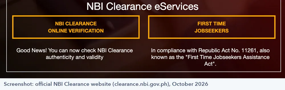 First Time Jobseekers and NBI Clearance Online Verification buttons on the official NBI Clearance website