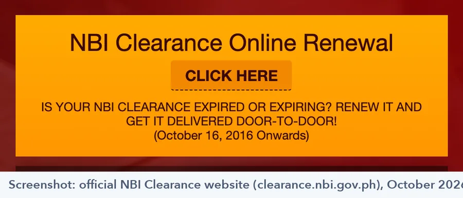 Online renewal banner on the official NBI Clearance website stating door-to-door delivery for clearances from October 16, 2016 onwards
