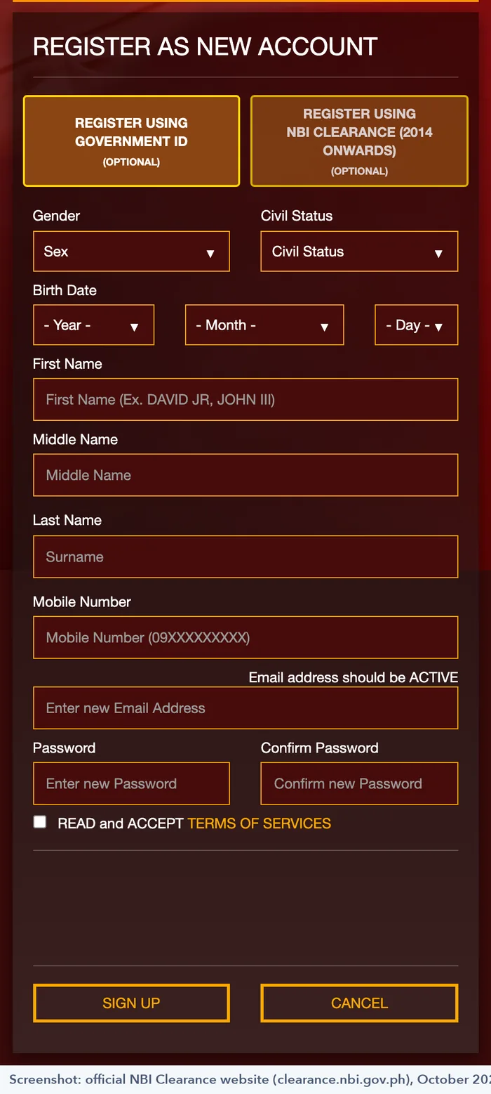 Registration form on the official NBI Clearance website asking for sex, civil status, birth date, name and mobile number